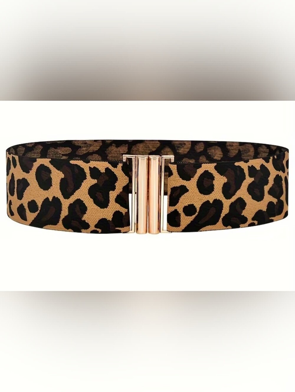 Leopard Print Stretch Waist Belt with Gold-Tone Buckle